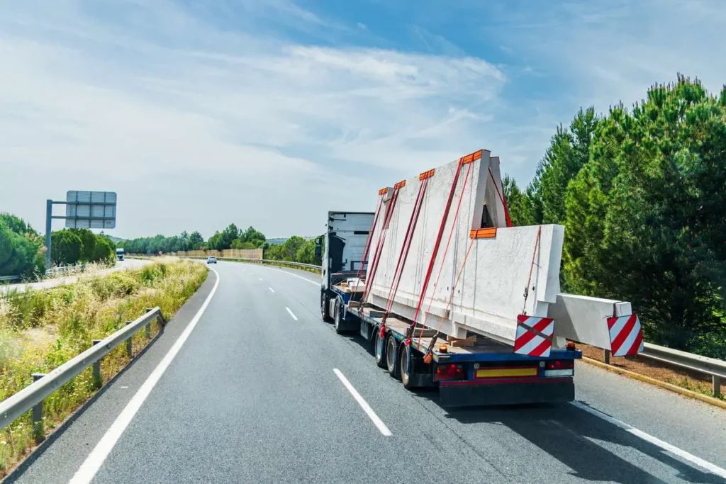 Truck with an oversized load of concrete plates protruding from the rear of the vehicle, marked with red and white striped panels.